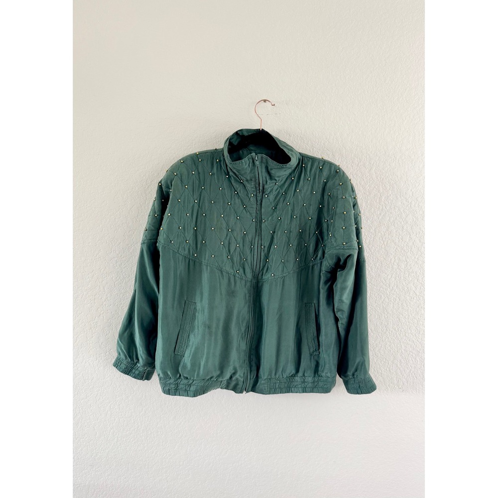 Rhoda Lynne Silk Bomber Jacket Womens PL Green Quilted Beaded Vintage 80s Zip